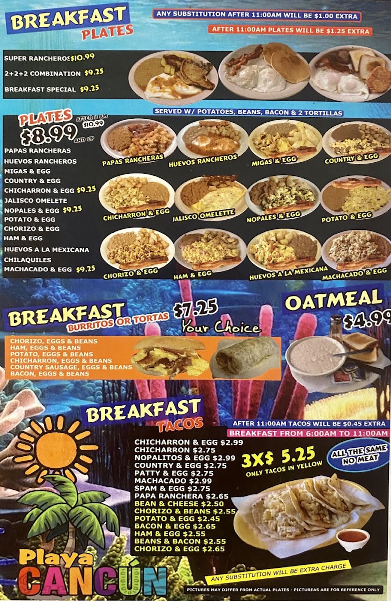 Playa Cancun Mexican/Seafood Restaurant menu board