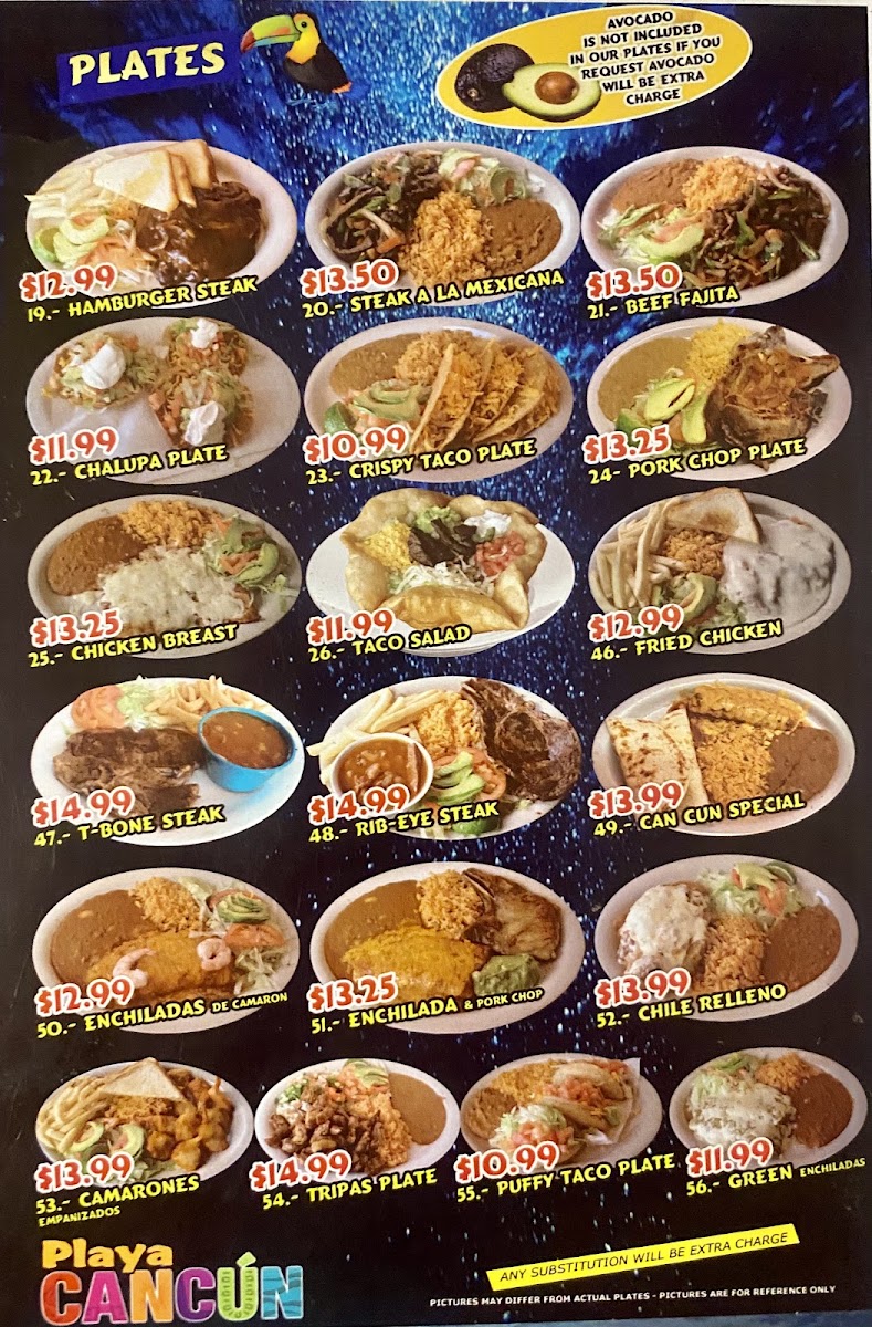 Playa Cancun Mexican/Seafood Restaurant menu board