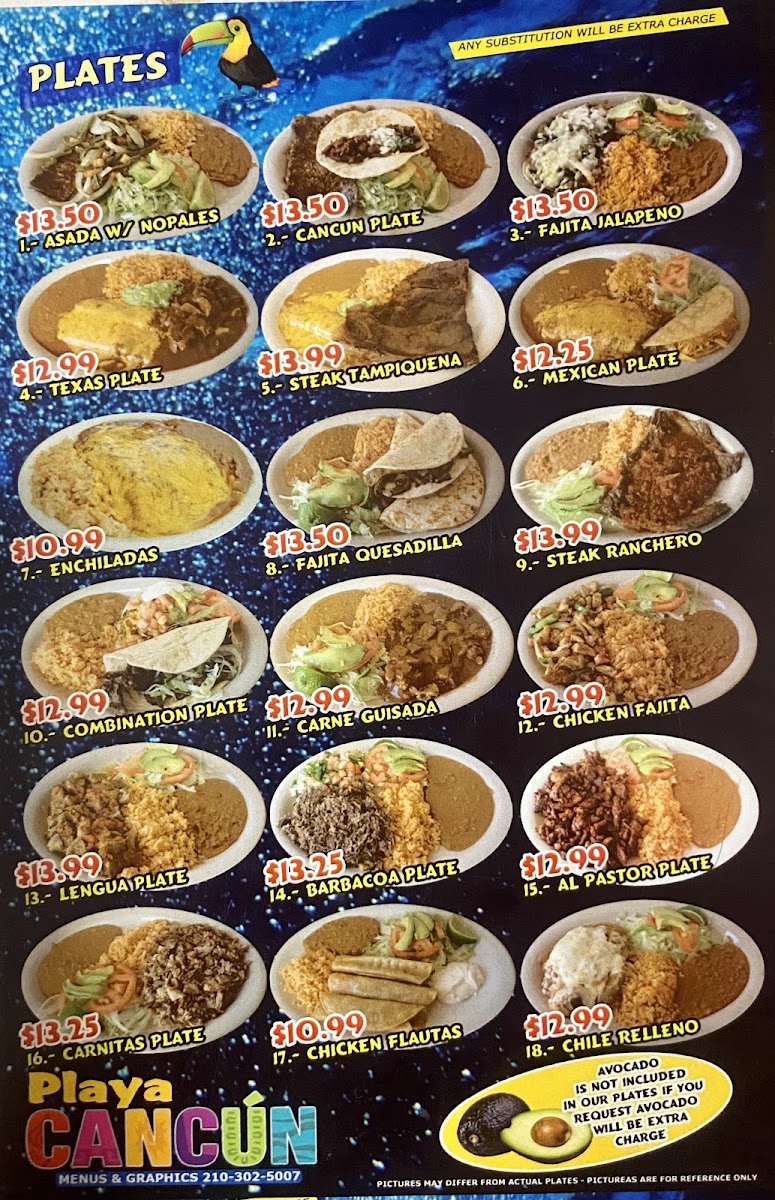 Playa Cancun Mexican/Seafood Restaurant menu board