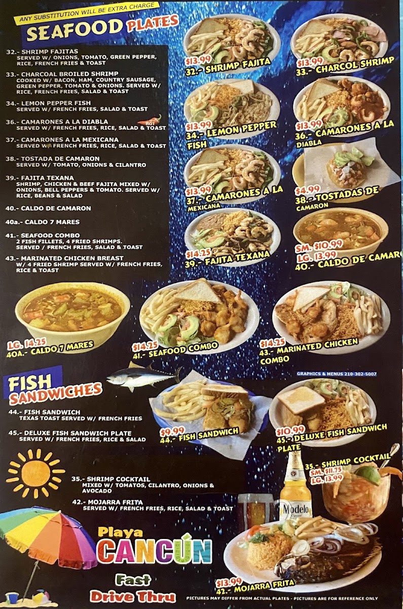 Playa Cancun Mexican/Seafood Restaurant menu board