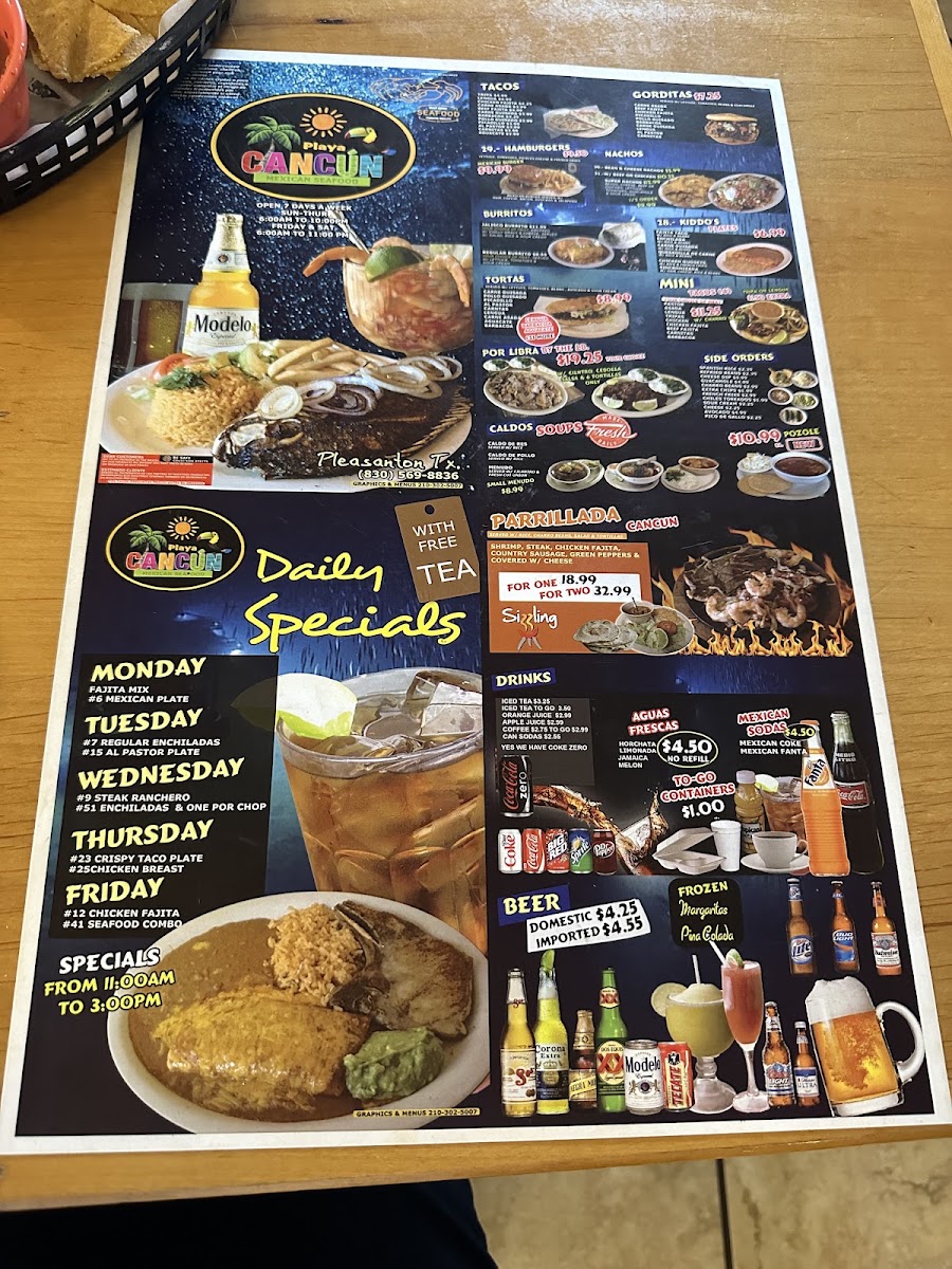 Playa Cancun Mexican/Seafood Restaurant menu board