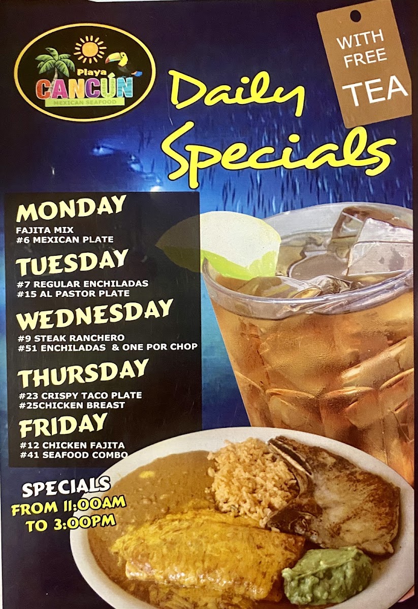 Playa Cancun Mexican/Seafood Restaurant menu board