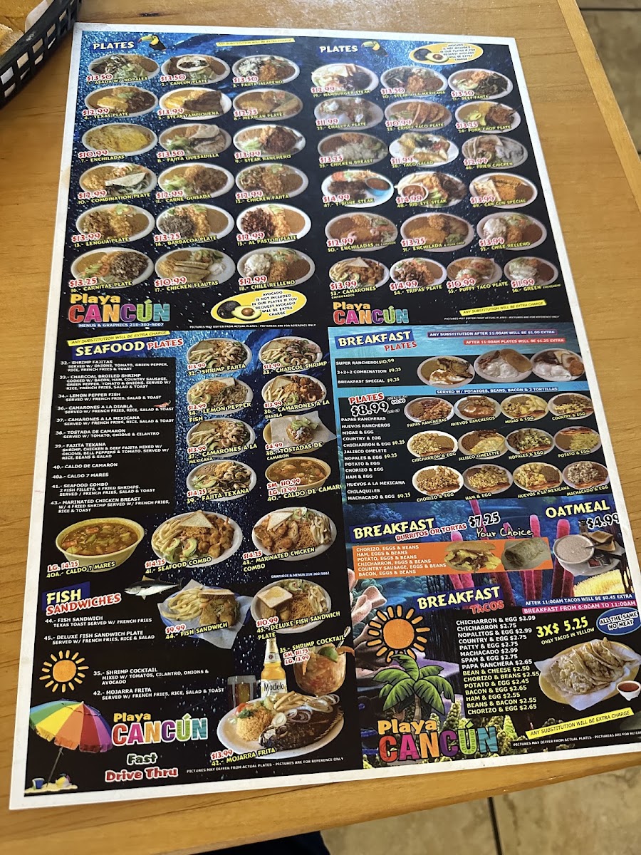 Playa Cancun Mexican/Seafood Restaurant menu board