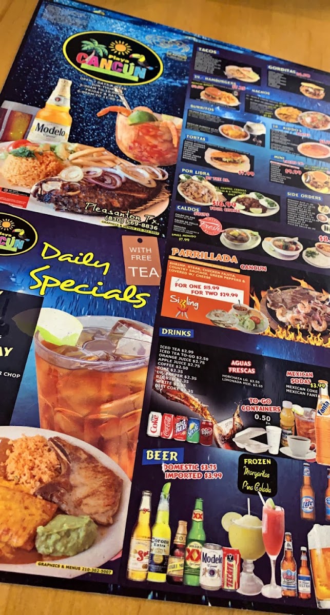 Playa Cancun Mexican/Seafood Restaurant menu board