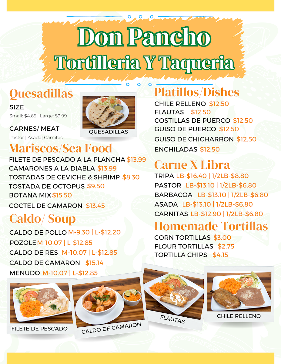 Don Pancho Tortilleria Y Taqueria menu board