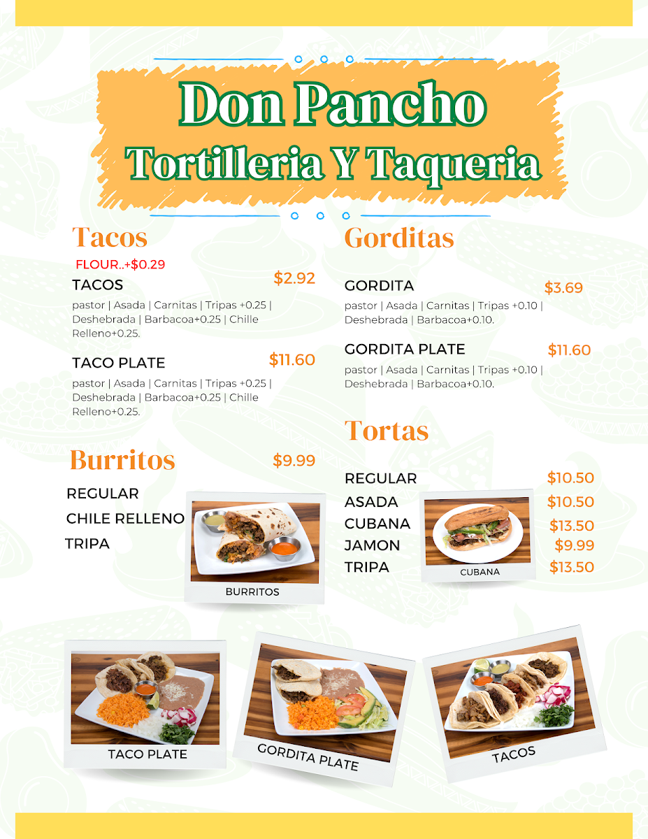 Don Pancho Tortilleria Y Taqueria menu board
