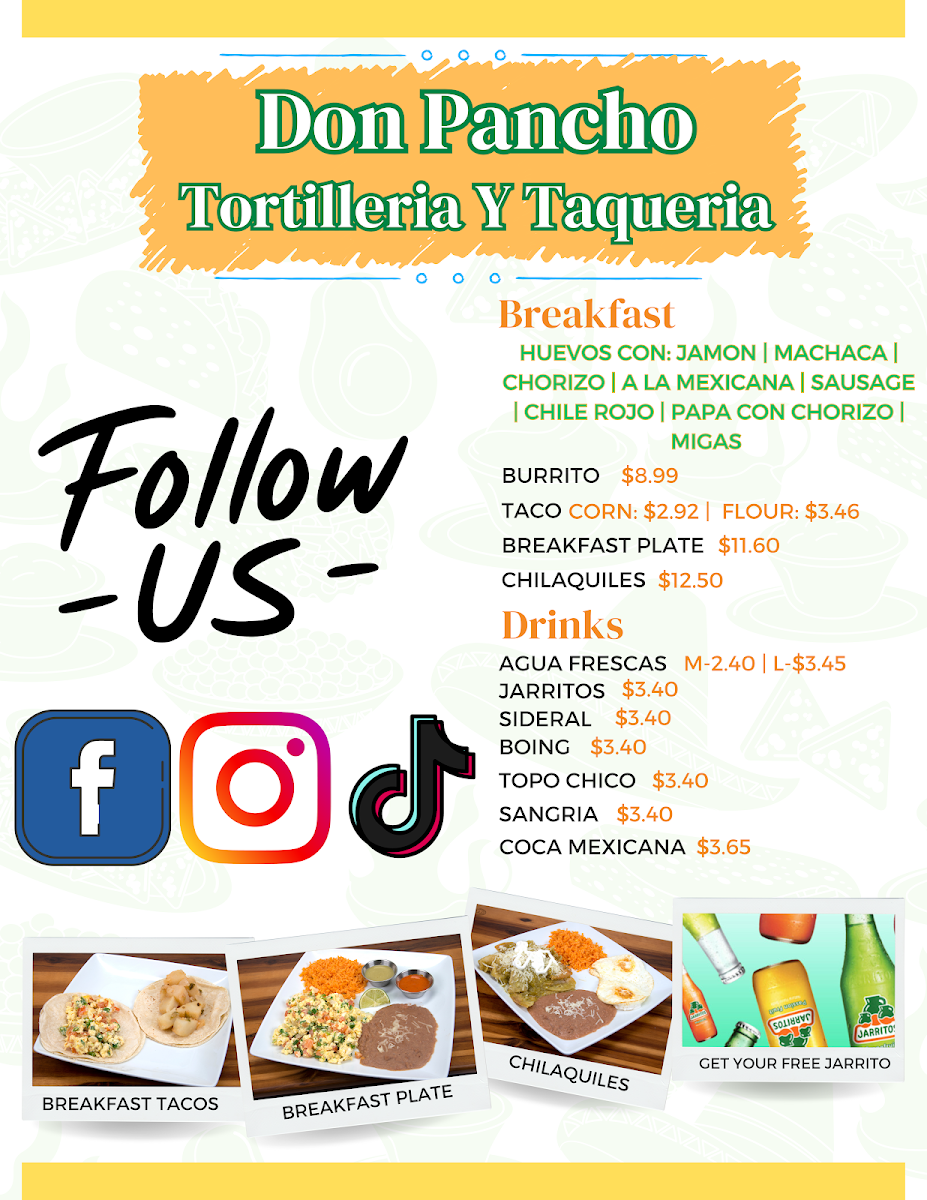 Don Pancho Tortilleria Y Taqueria menu board
