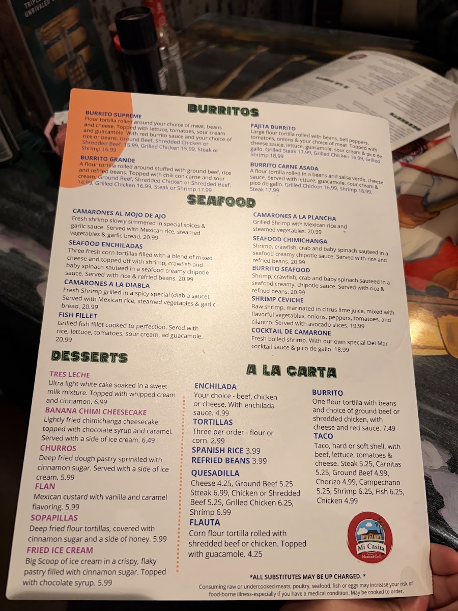 Mi Casita Mexican Grill menu board