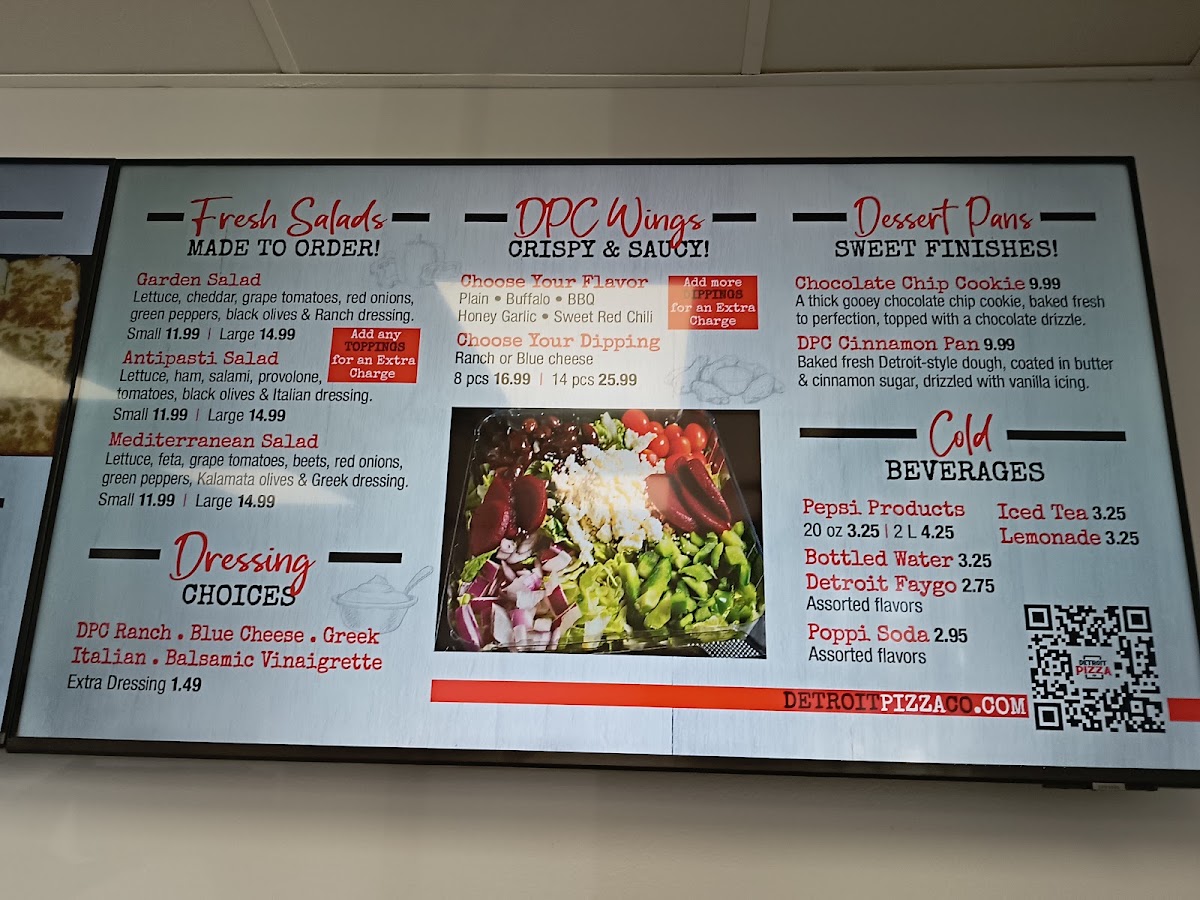 Detroit Pizza Co. menu board