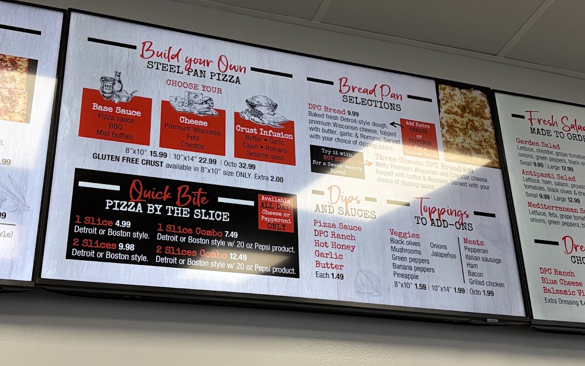 Detroit Pizza Co. menu board