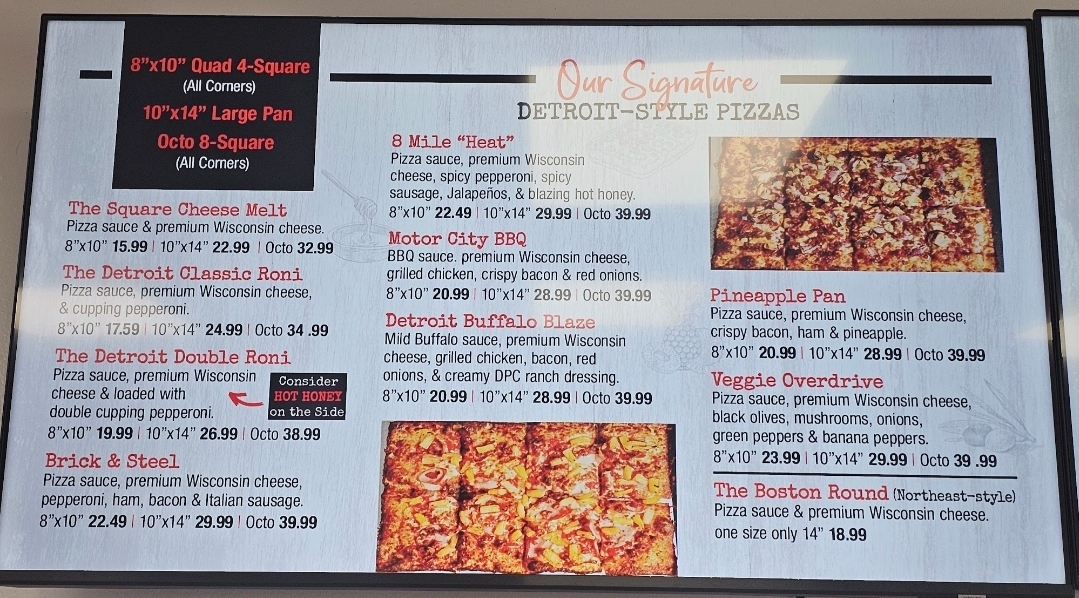 Detroit Pizza Co. menu board