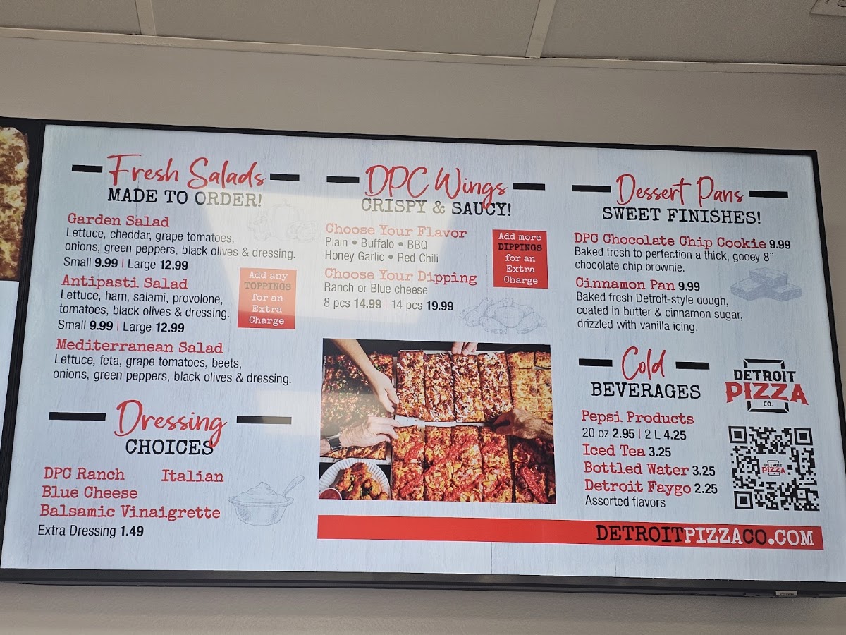 Detroit Pizza Co. menu board