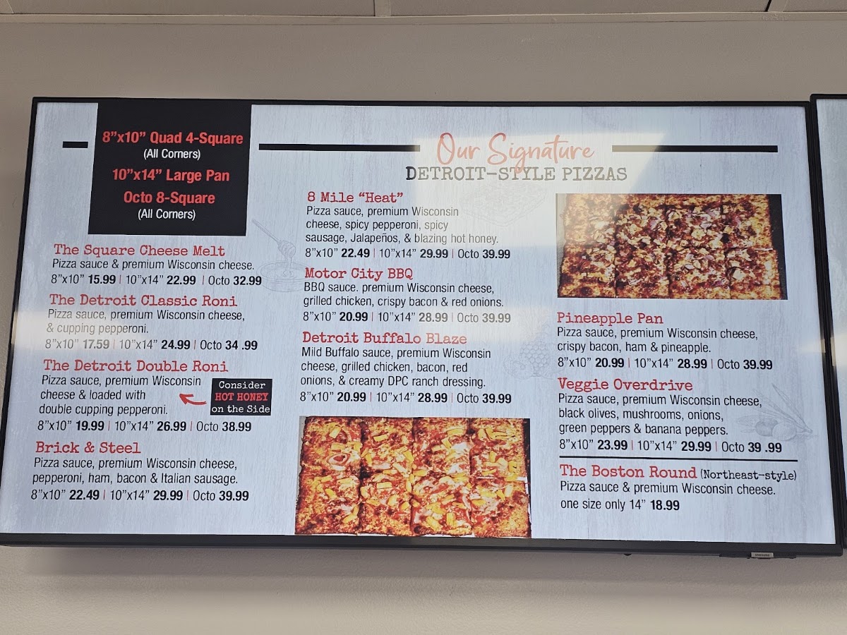 Detroit Pizza Co. menu board