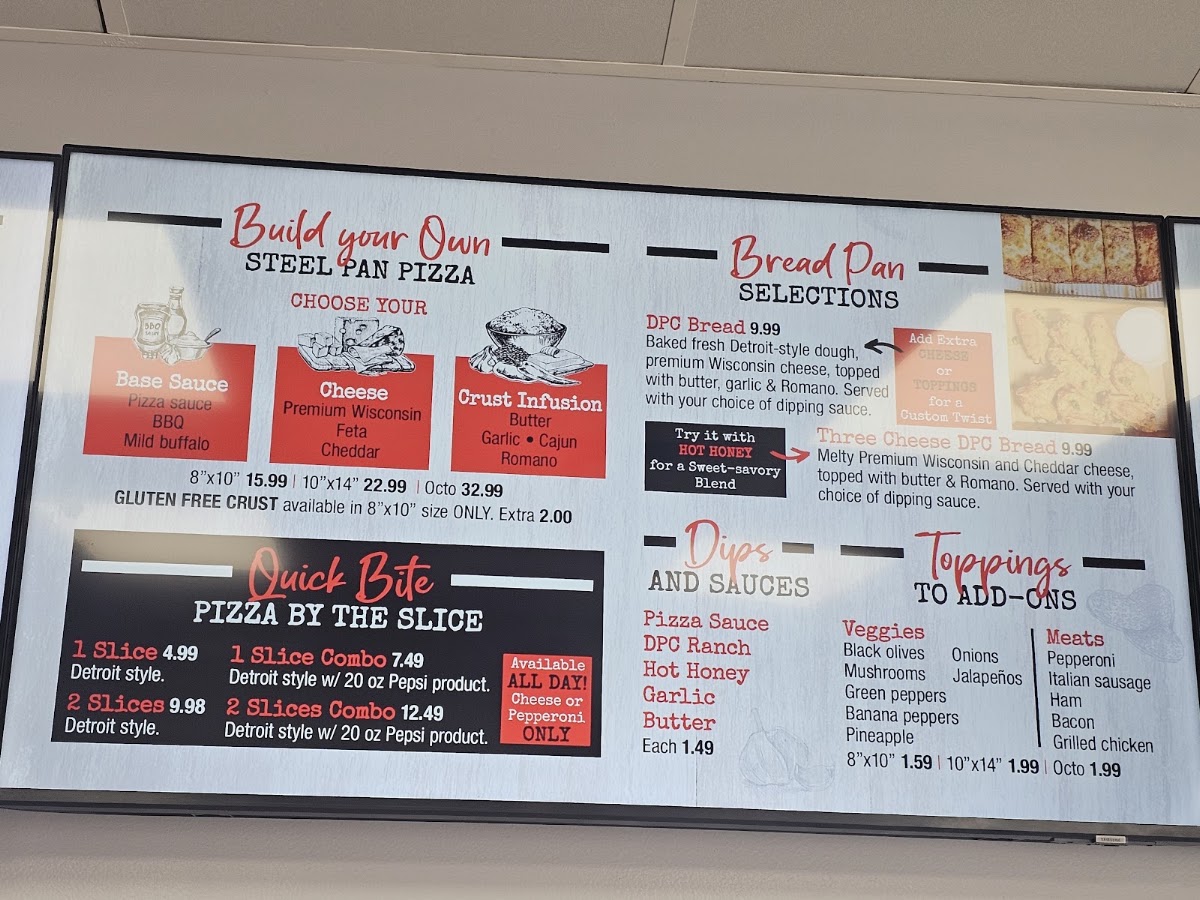 Detroit Pizza Co. menu board