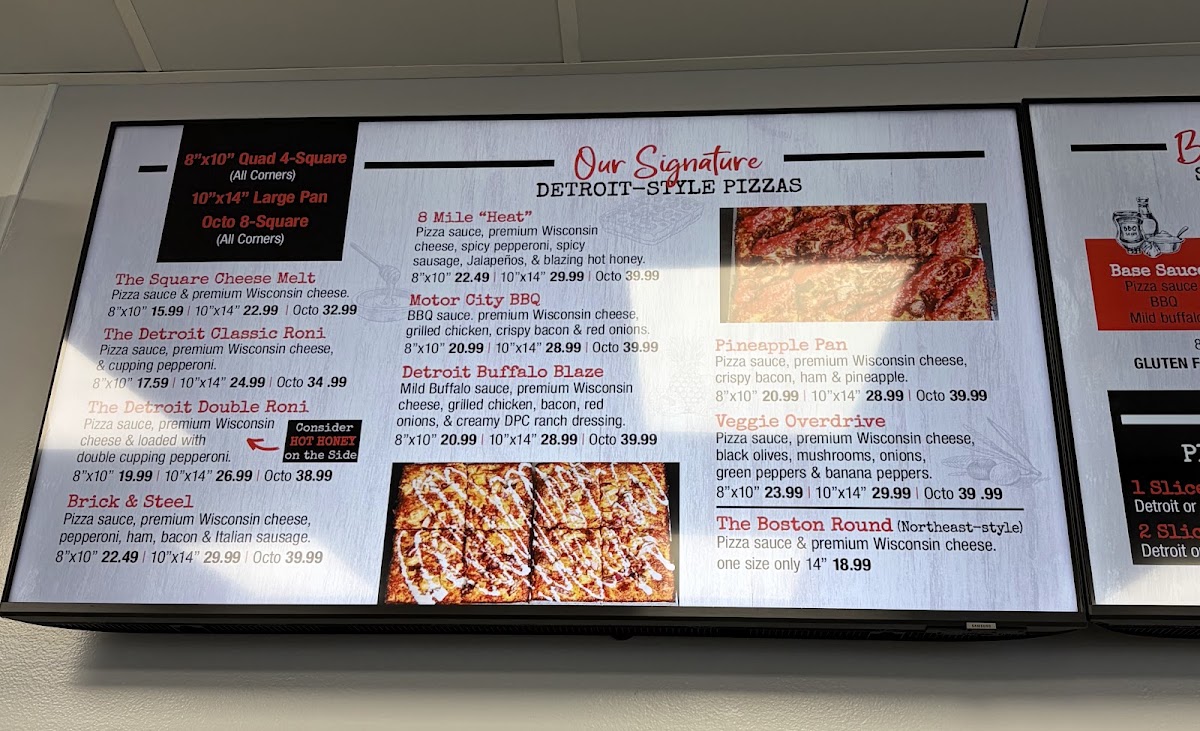 Detroit Pizza Co. menu board