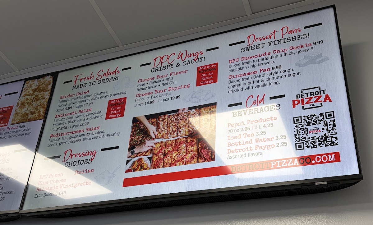 Detroit Pizza Co. menu board