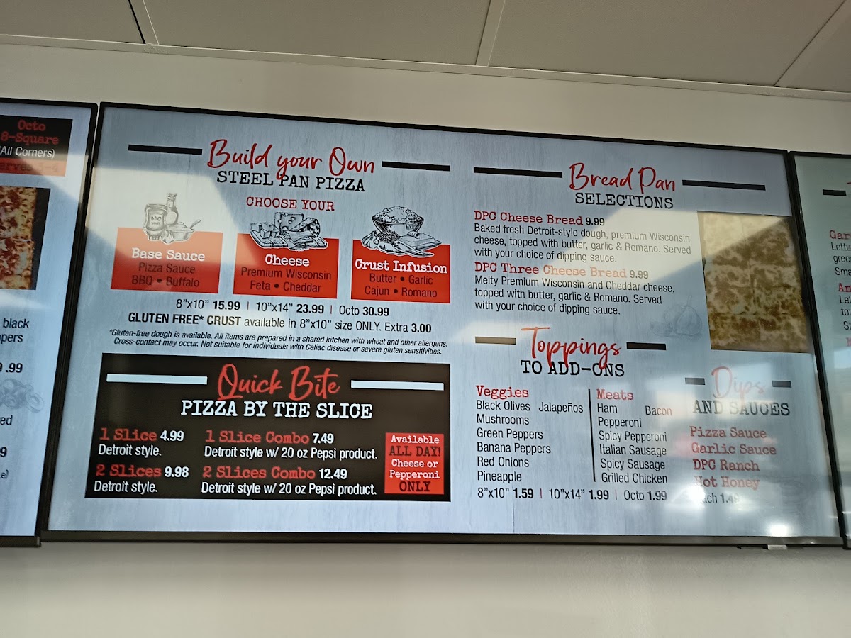 Detroit Pizza Co. menu board