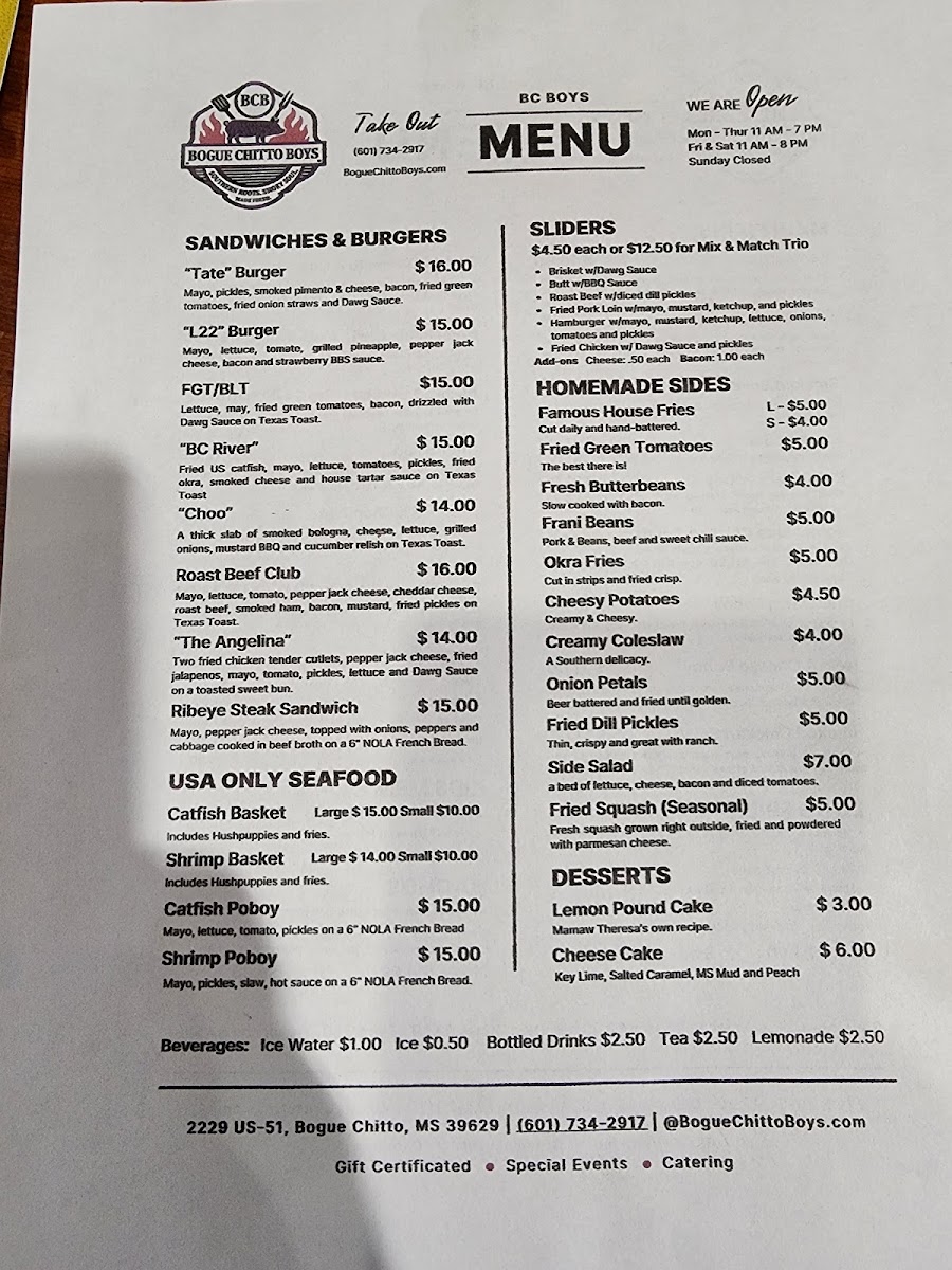 Bogue Chitto Boys menu board
