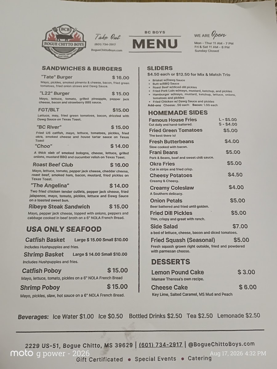 Bogue Chitto Boys menu board