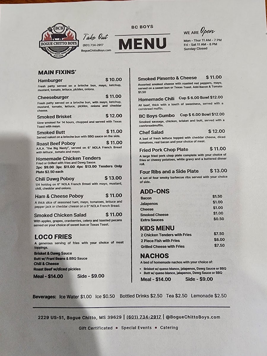 Bogue Chitto Boys menu board