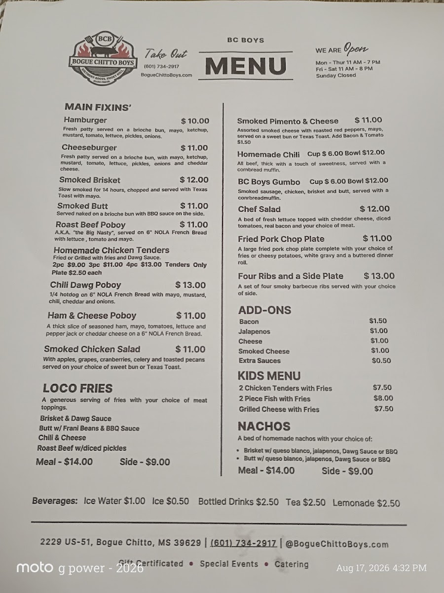 Bogue Chitto Boys menu board