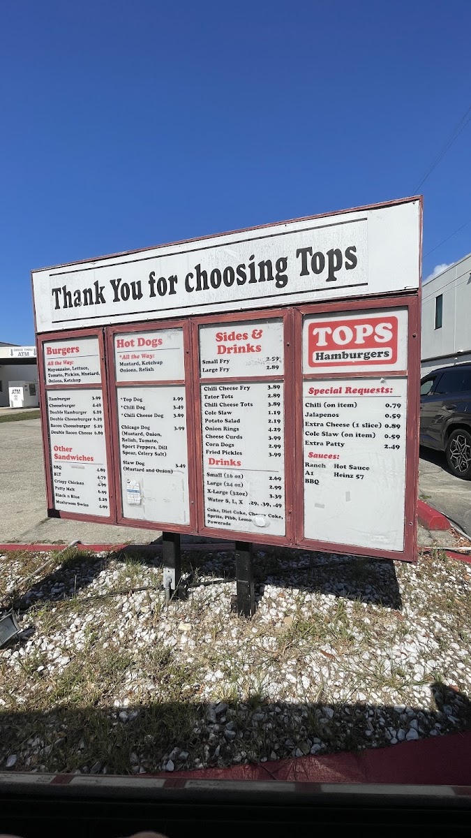 Tops Choice Hamburgers menu board