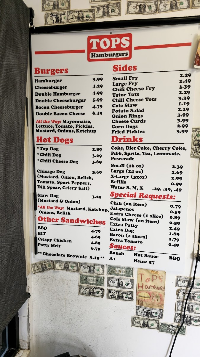 Tops Choice Hamburgers menu board