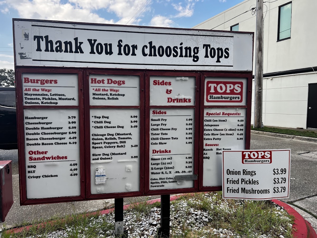 Tops Choice Hamburgers menu board