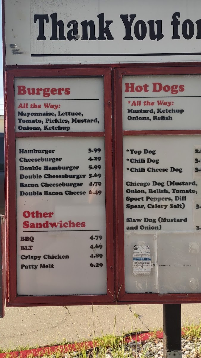 Tops Choice Hamburgers menu board