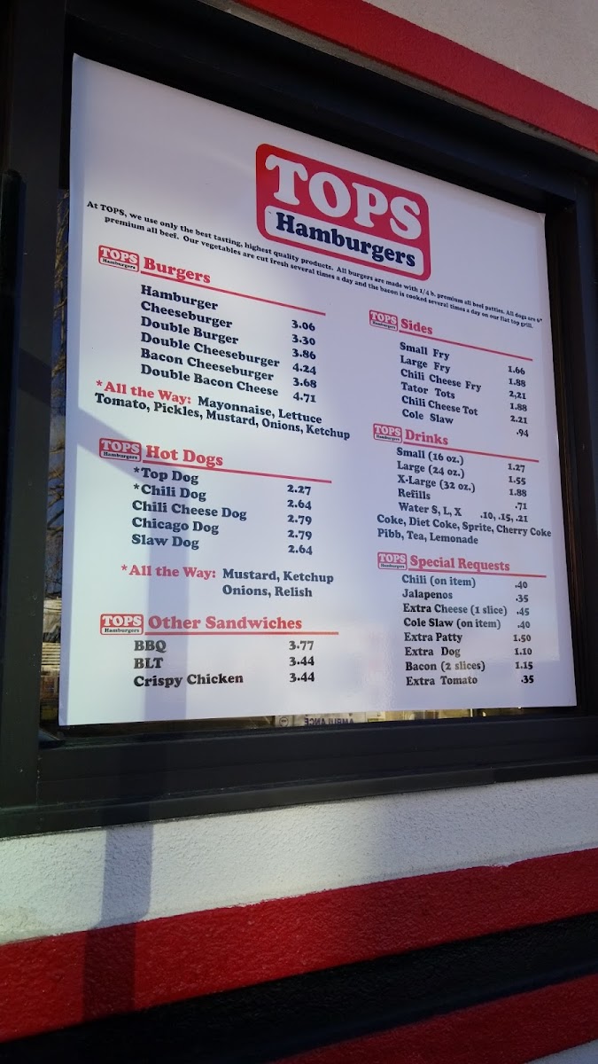 Tops Choice Hamburgers menu board