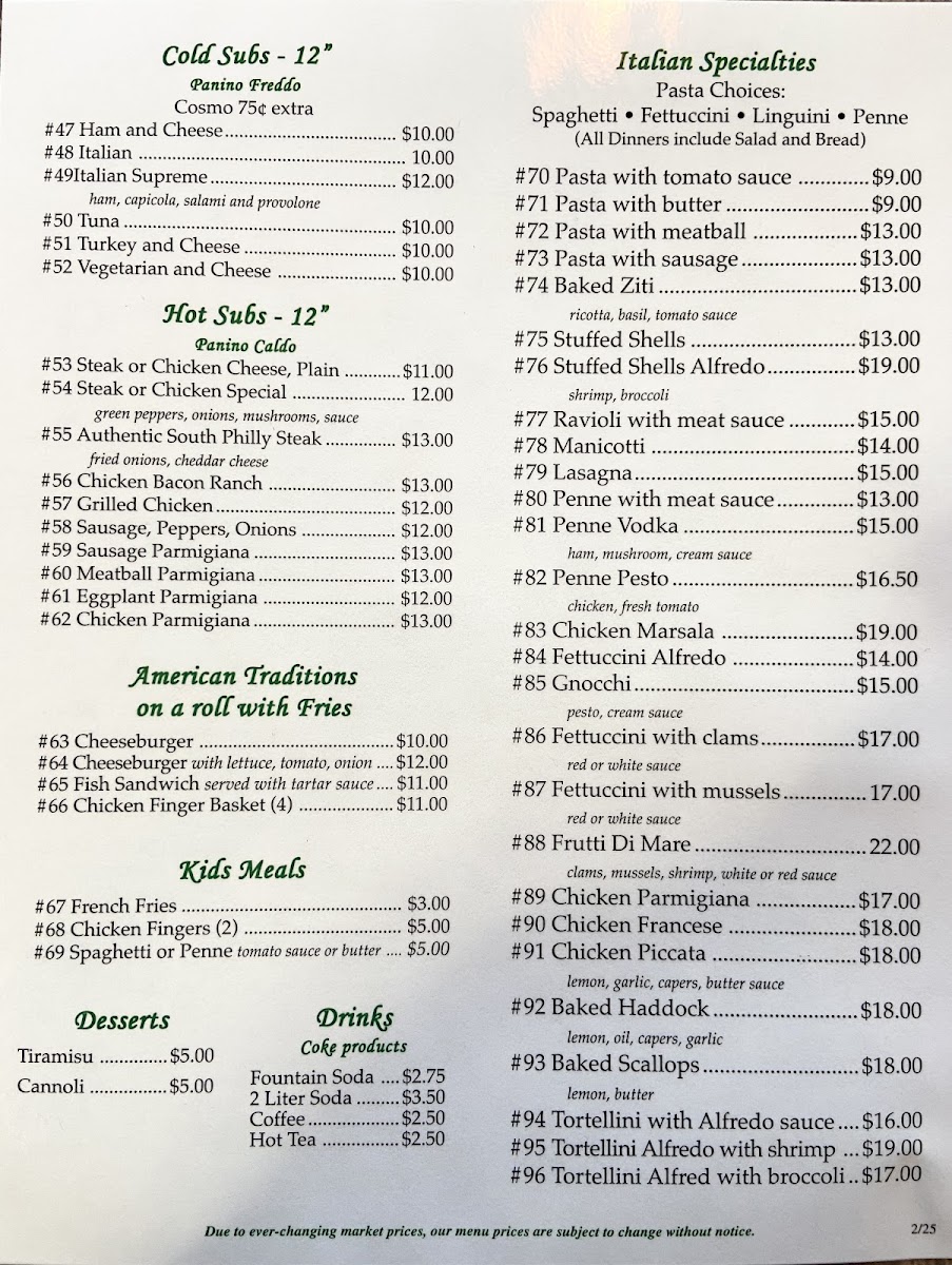 Matteo’s Pizzeria menu board