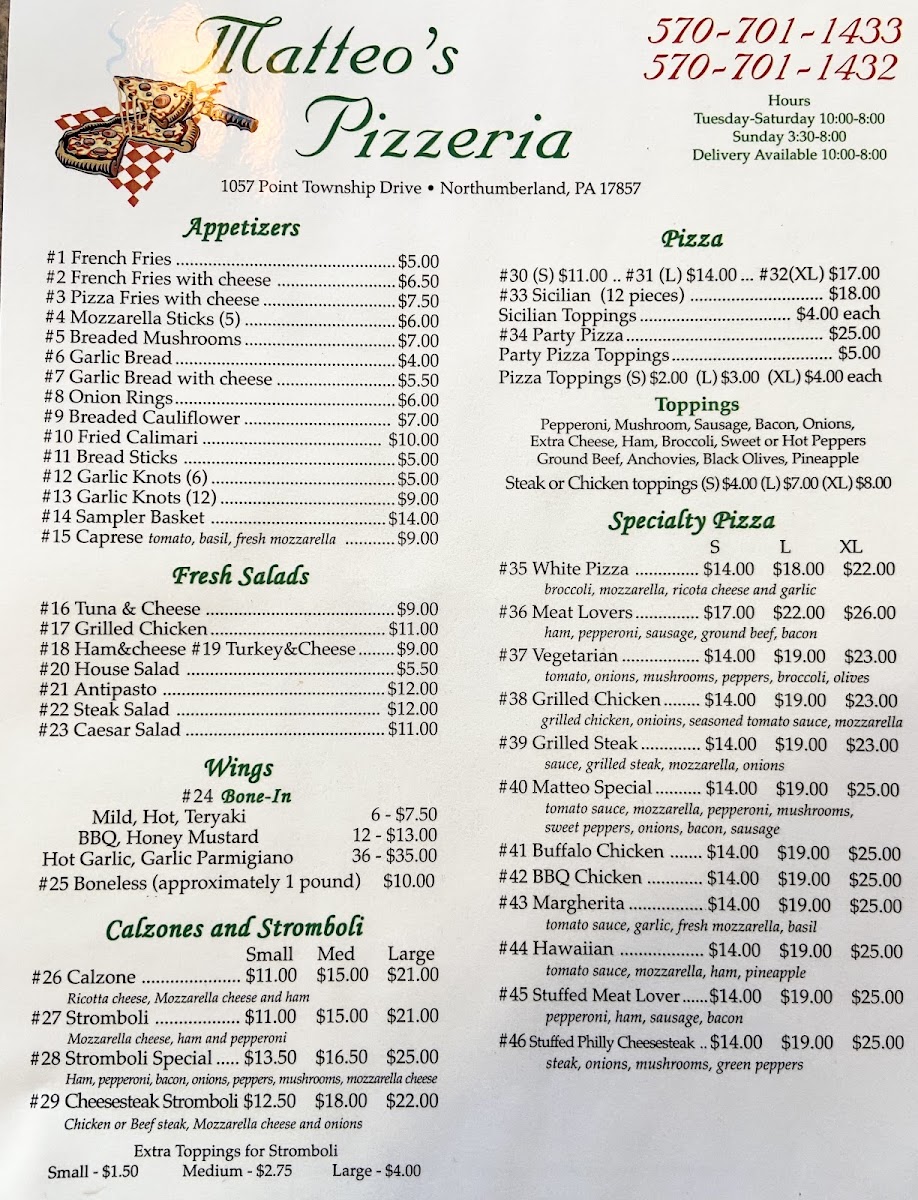 Matteo’s Pizzeria menu board