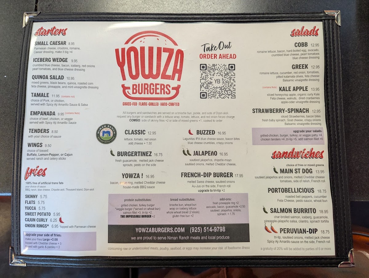 Yowza Burgers menu board
