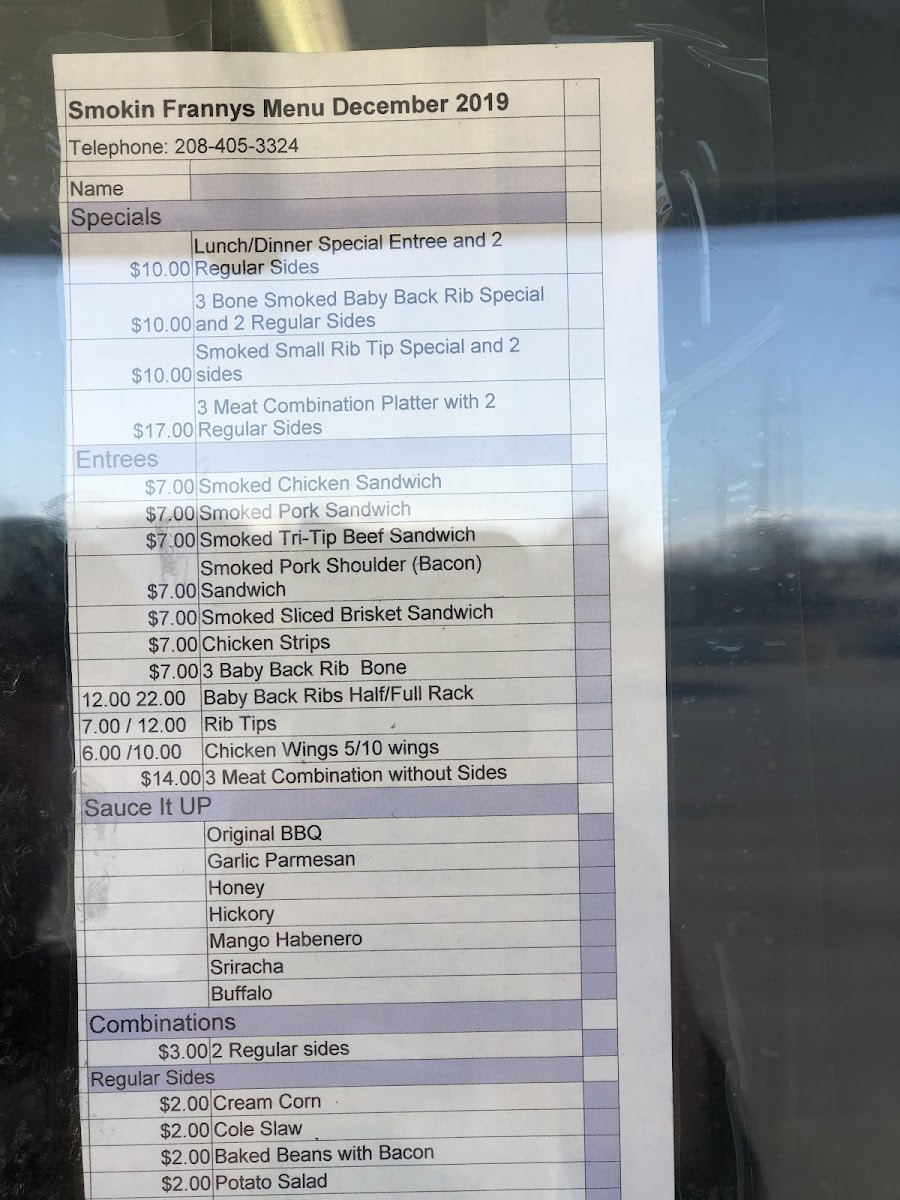 Smokin' Franny's BBQ, Food, & Fun Weiser menu board
