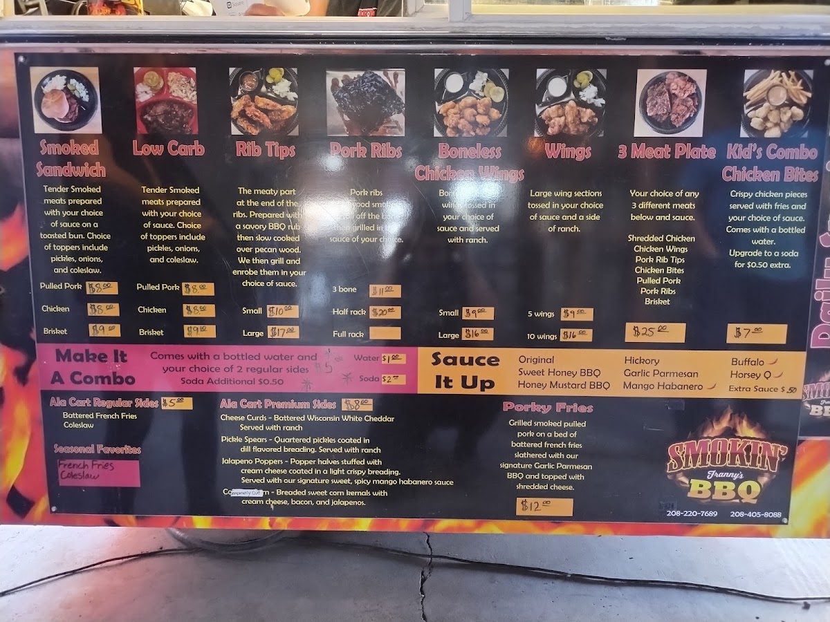 Smokin' Franny's BBQ, Food, & Fun Weiser menu board