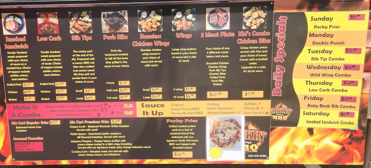 Smokin' Franny's BBQ, Food, & Fun Weiser menu board