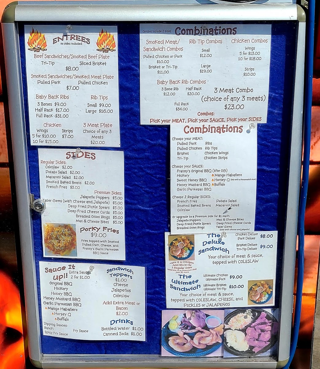 Smokin' Franny's BBQ, Food, & Fun Weiser menu board