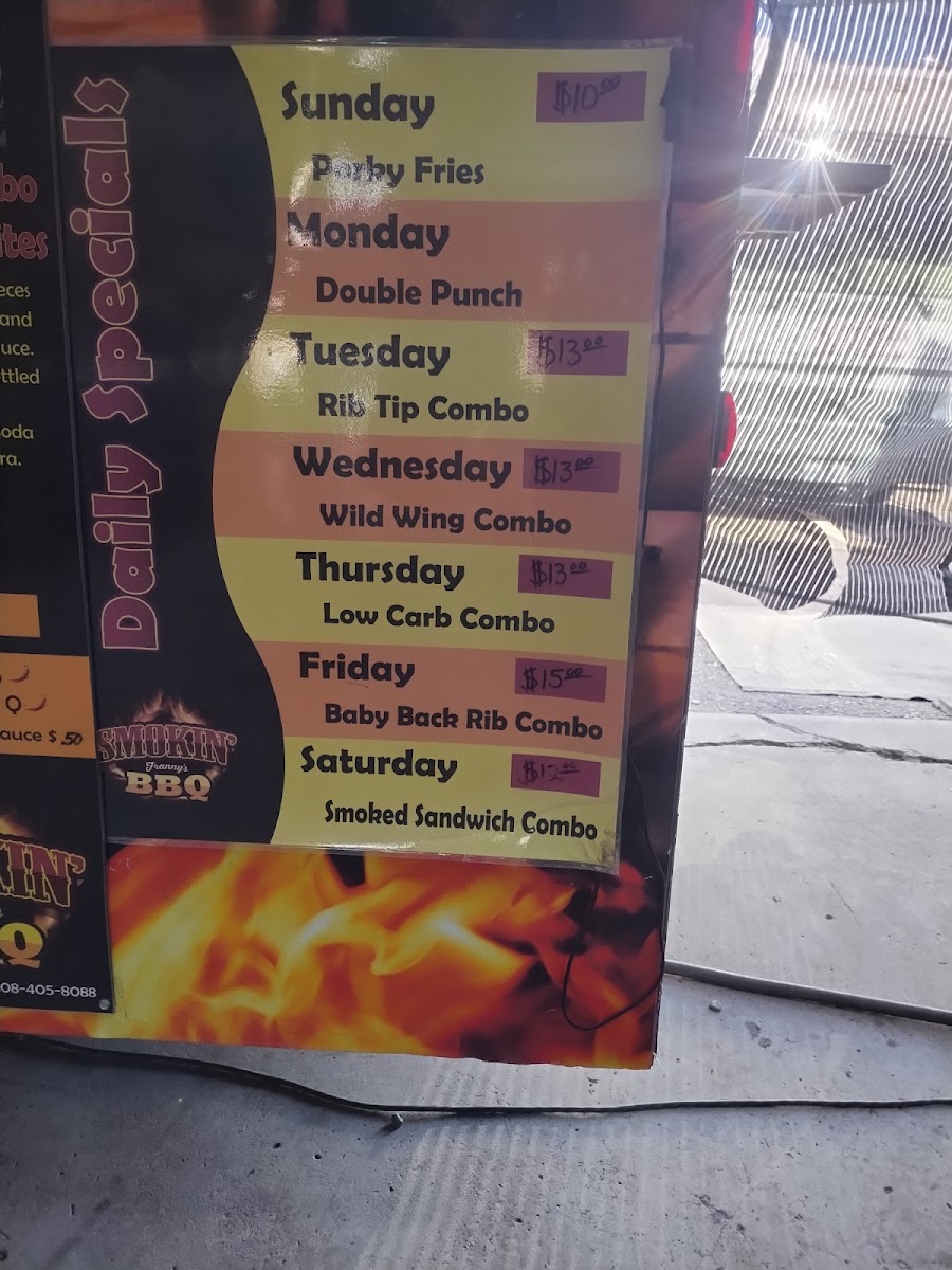 Smokin' Franny's BBQ, Food, & Fun Weiser menu board
