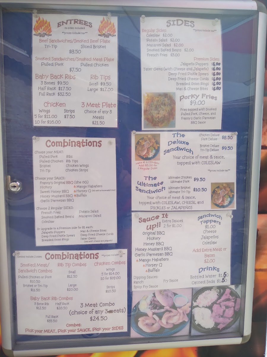 Smokin' Franny's BBQ, Food, & Fun Weiser menu board