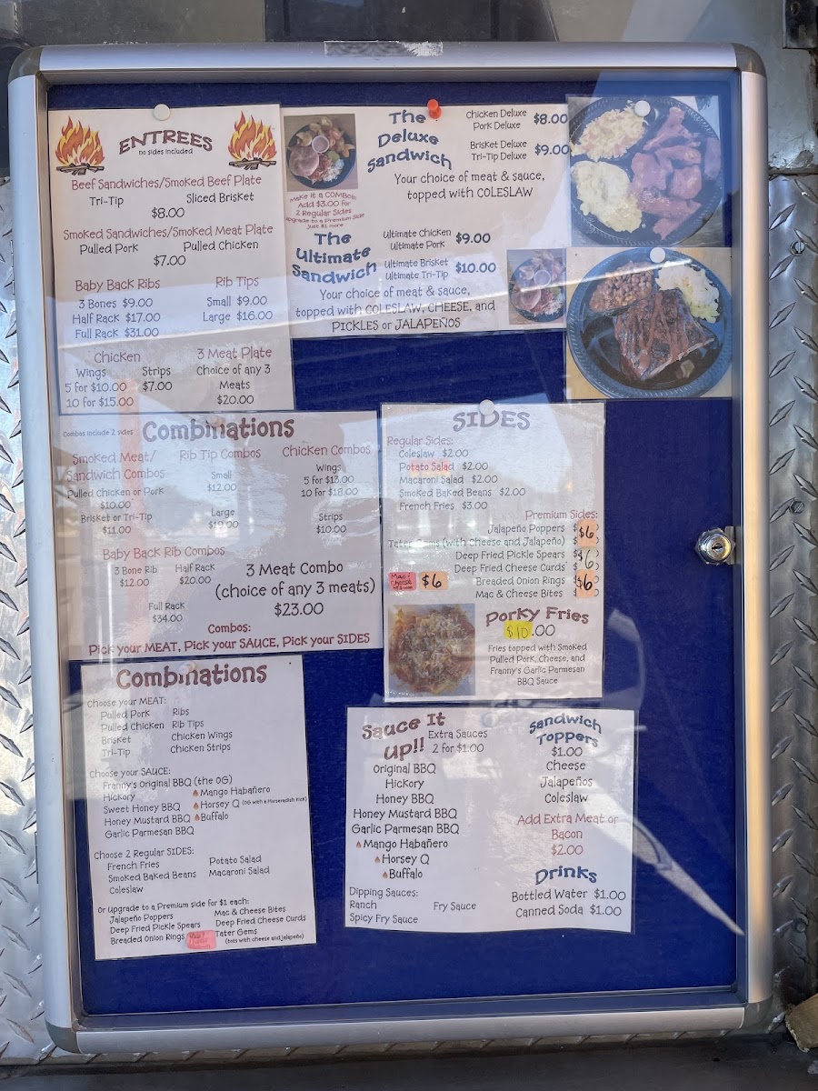 Smokin' Franny's BBQ, Food, & Fun Weiser menu board