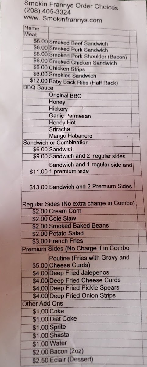Smokin' Franny's BBQ, Food, & Fun Weiser menu board