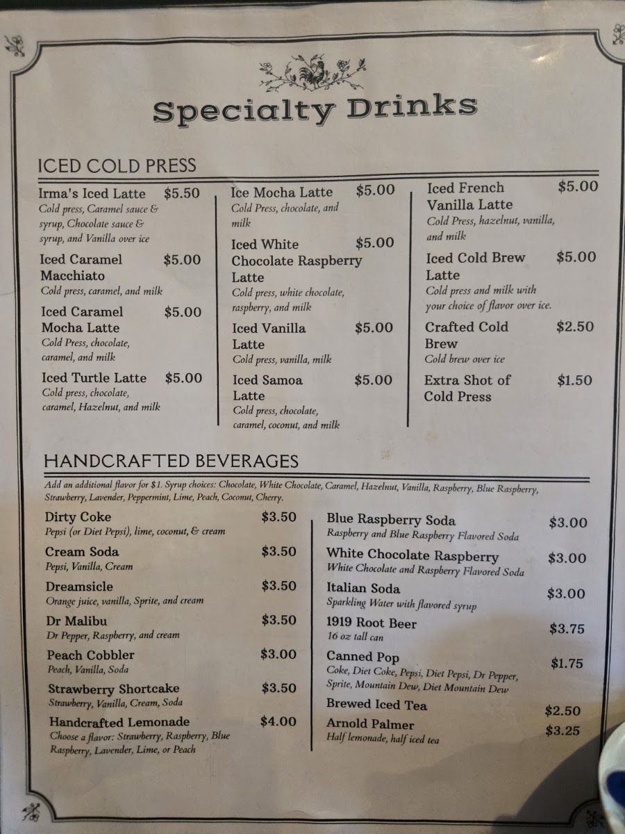 Irma's Place menu board