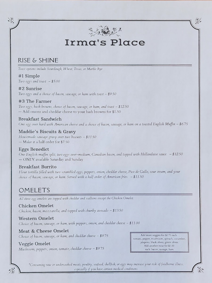 Irma's Place menu board