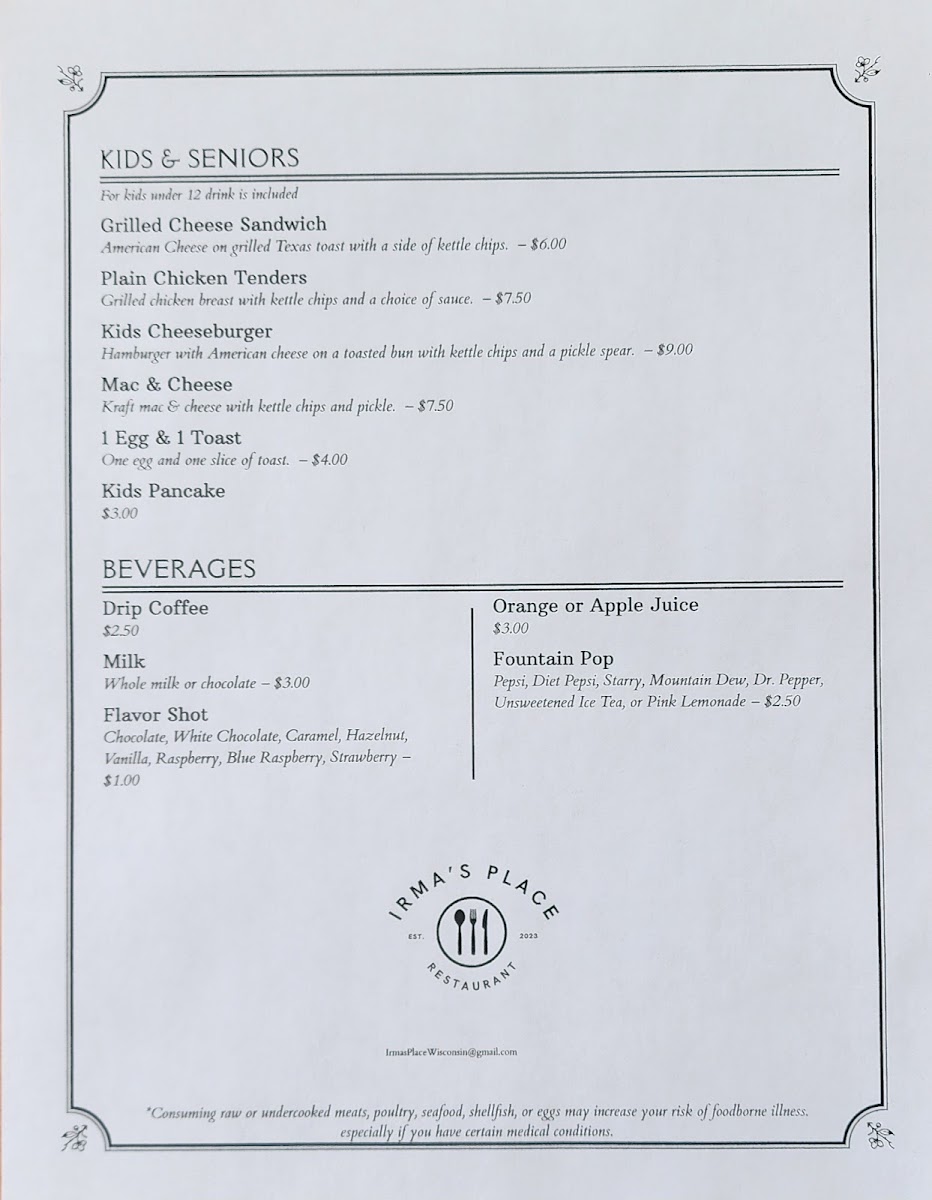 Irma's Place menu board