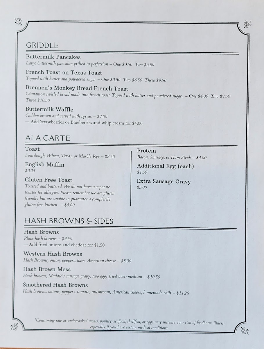 Irma's Place menu board