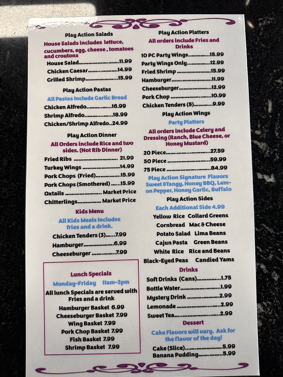 Play Action Soulfood and More! menu board