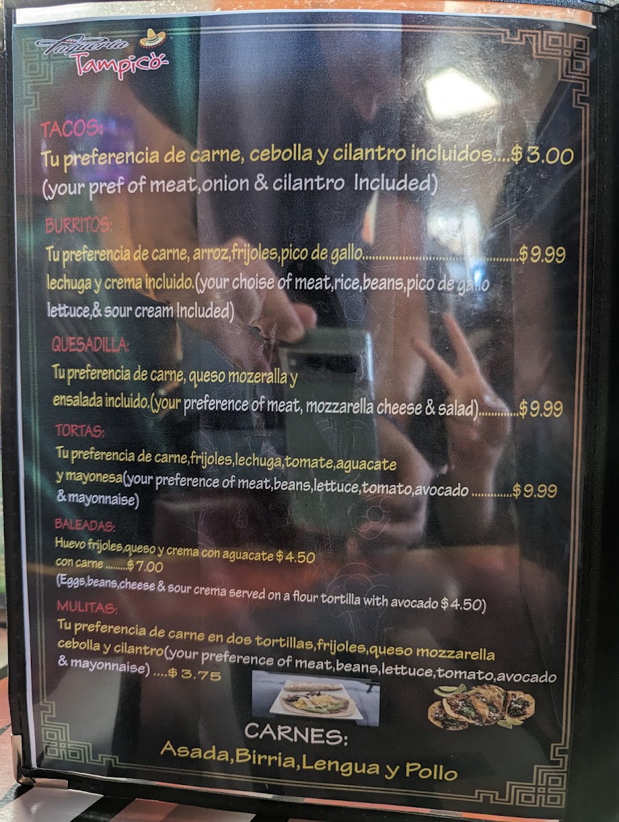 Taqueria Tampico menu board