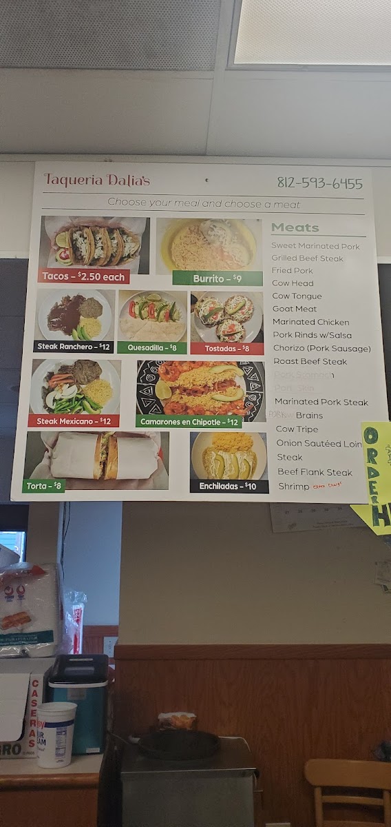 Taqueria dalias menu board