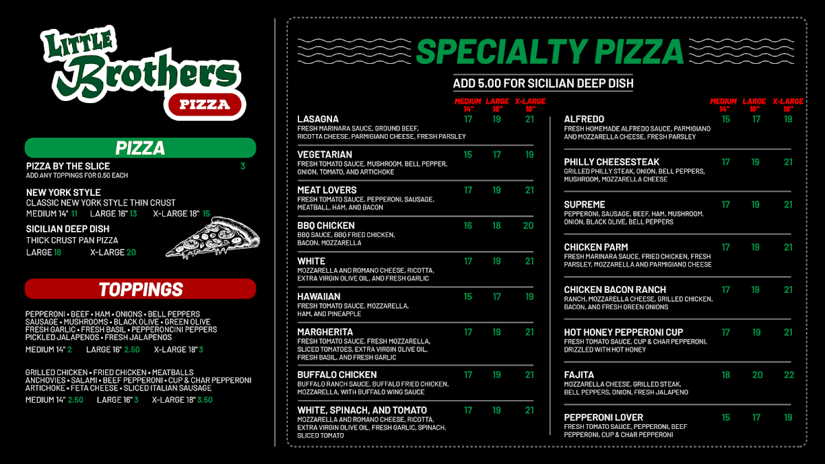 Little Brothers Pizza menu board