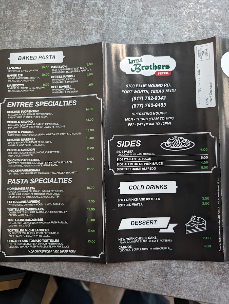 Little Brothers Pizza menu board